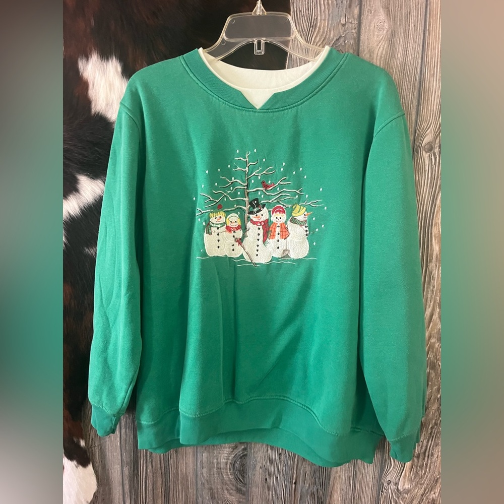 Extra shenanigans size 1X green and cream colored layered snowman sweater